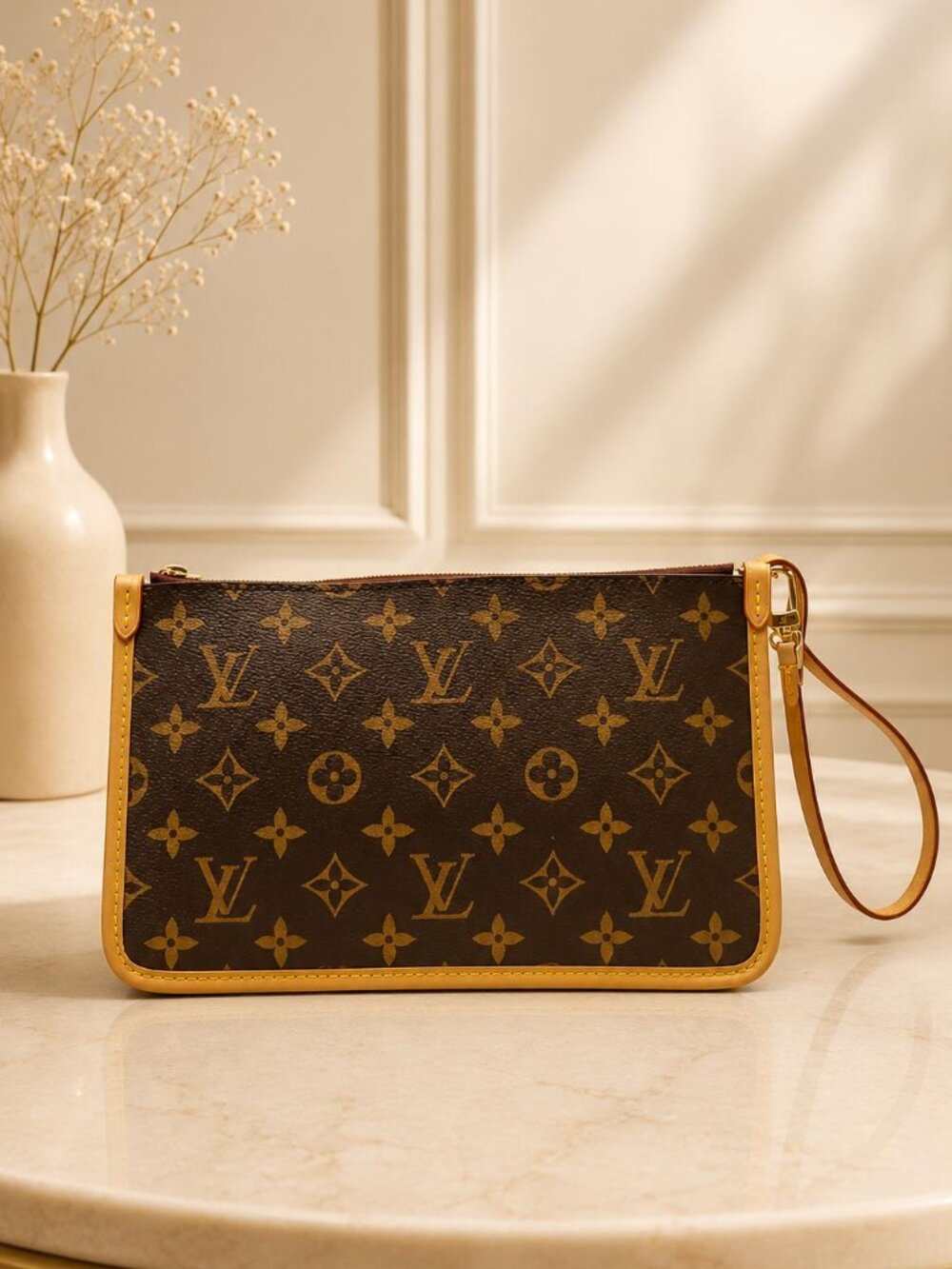 Authentic Louis Vuitton Cariole Pouch Monogram Canvas Wristlet Clutch Pochette